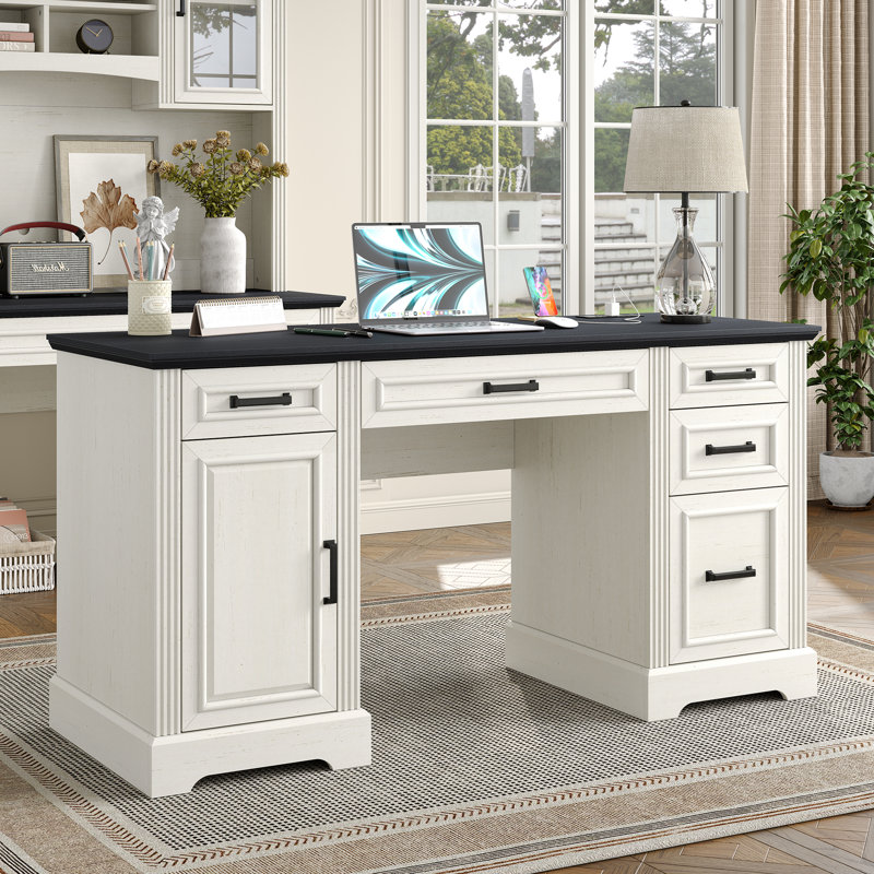 Buckhorn 58'' W Computer Desk with Outlet and 5 Drawers,Large Storage Cabinet for Home Office, Black/Off White