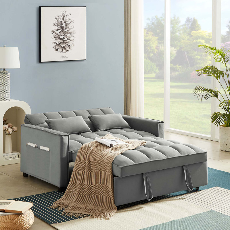 Collinward 53" W Murphy Sofa Bed Loveseat with Adjustable Tufted Back and USB Outlet, 32.28" H x 55" W x 33" D, Gray Velvet 7