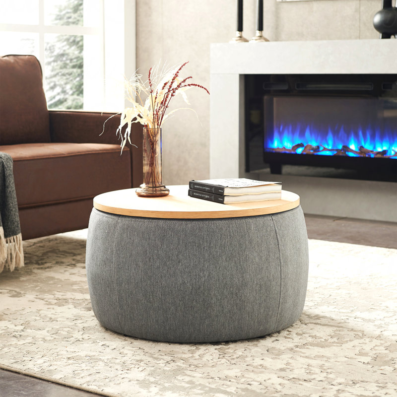 Round Storage Ottoman - 2 In 1 End Table & Footrest, Brown