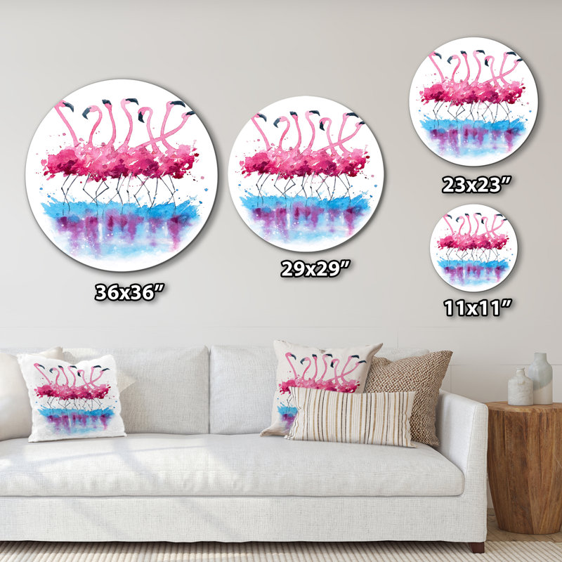 Flamants roses sur l'eau bleue - Cercle traditionnel en métal, art mural, H 36 po x l 36 po