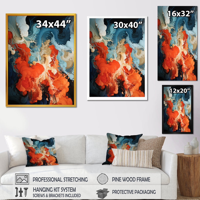 Encre liquide bleue et orange IV - Art mural abstrait, Encadrement doré, H 44 po x l 34 po x P 1,5 po
