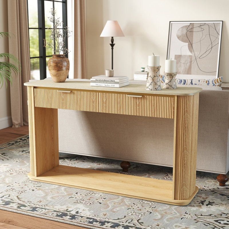 Console cannelée avec plateau en faux travertin, canapé d'entrée de 63 po avec garniture or rose, 2 tiroirs et tablette ouverte