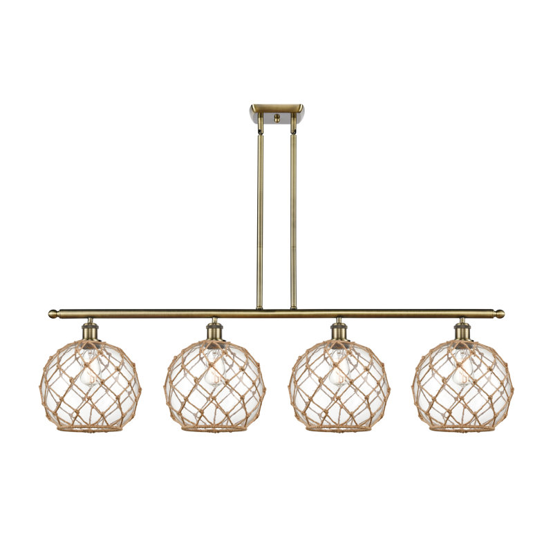 Luminaire suspendu linéaire pour îlot de cuisine 4 lumières avec accents de corde Kizzie, Transparent, DEL