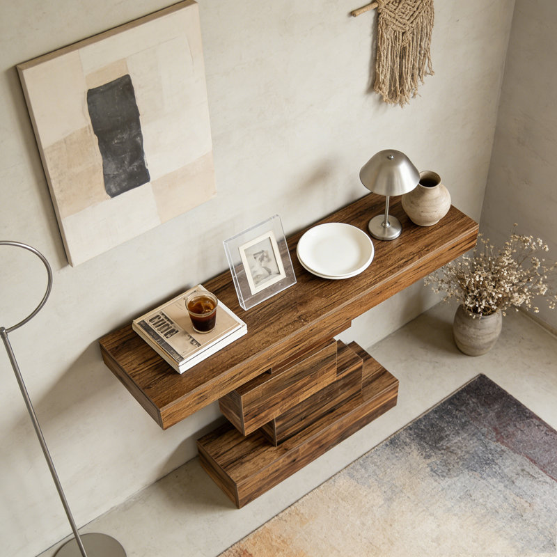 Table d'appoint en bois avec base géométrique, Brun rustique