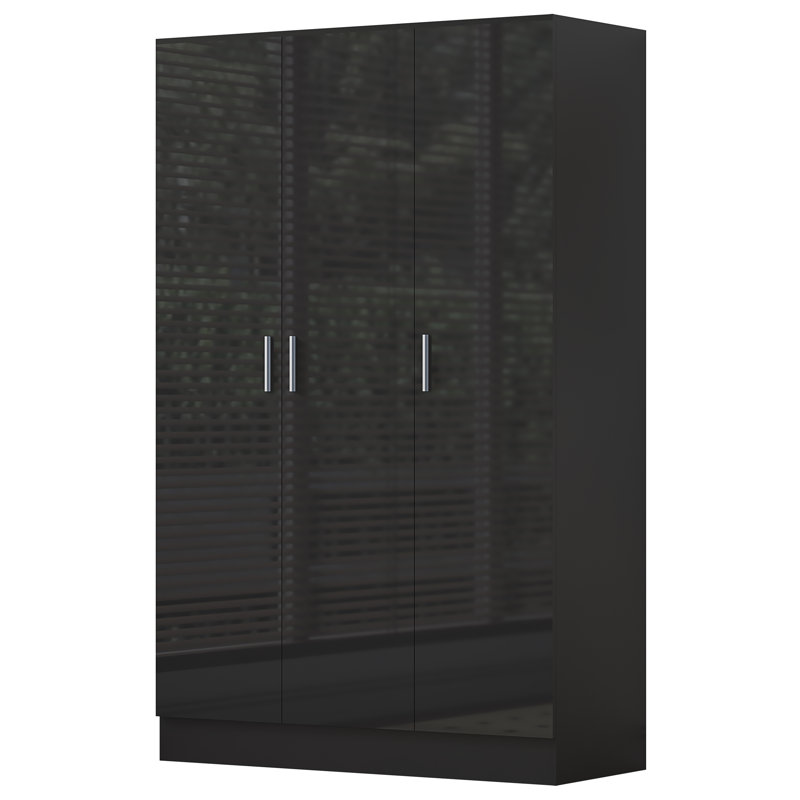 Eva High Gloss Plain 3 Door Wardrobe - H: 180cm x D: 47cm x W: 113cm, Black Oak/Gloss Black