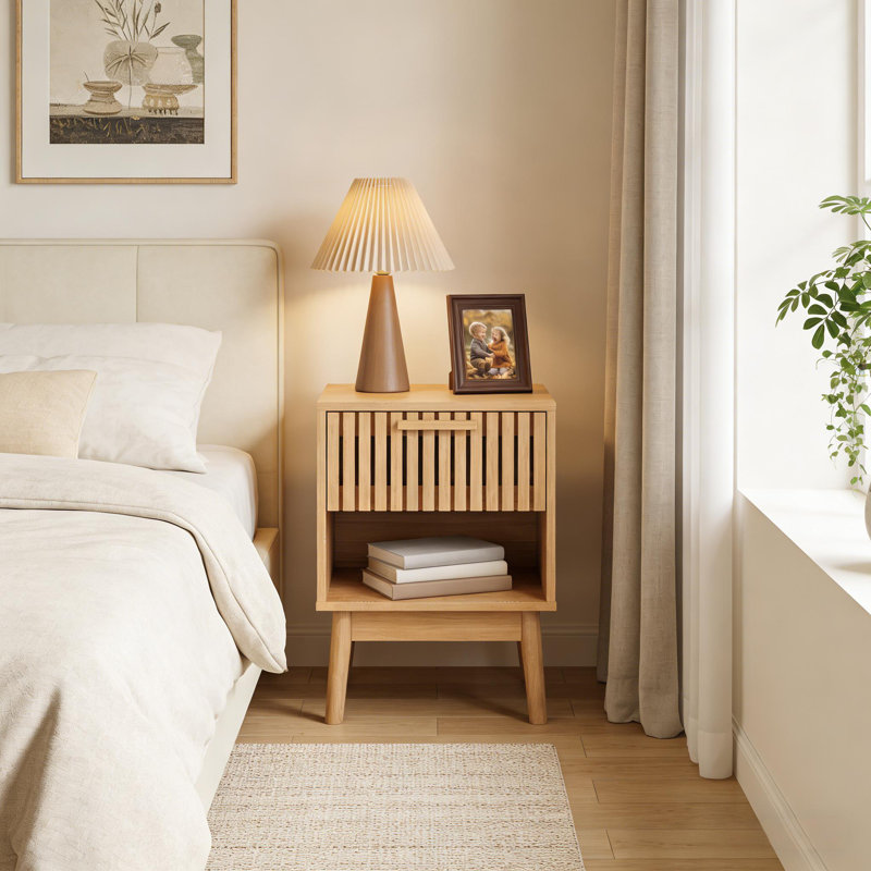 Small Nightstand with Drawer and Open Shelf for Bedroom and Living Room
