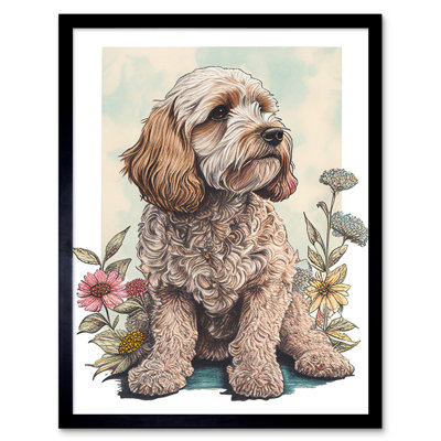 Cockapoo Dog With Spring Wildflowers Soft Watercolour - Single Picture Frame Print
