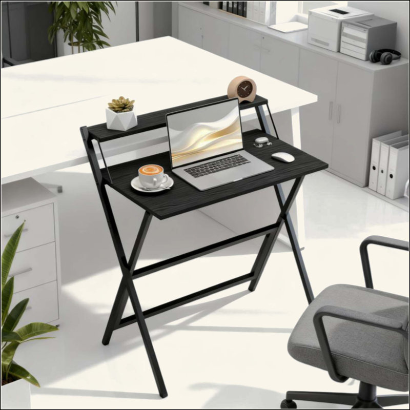Foldable Desk With Monitor Shelf,Folding Computer Desk, Easy Assembly, 34.1" H x 32.1" W x 24.4" D, Black