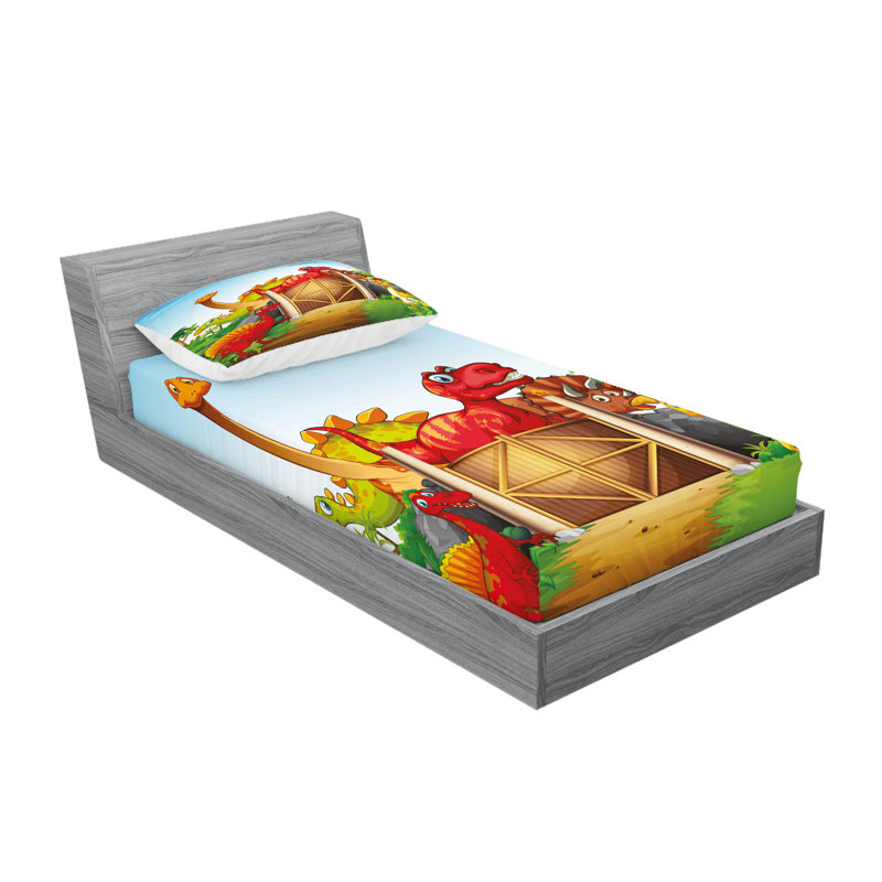 Multicolore ensemble de draps et taies décoratives Ambesonne Dino, Ensemble de draps pour lit simple TG + 1 drap-hous
