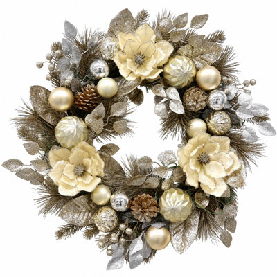 Couronne de Noël pré-illuminée de 61 cm pour porte d'entrée, couronne artificielle avec boule magnolia argentée, 20 lumières DEL, 8 modes et minuterie automatique pour décoration intérieure et extérieure couverte