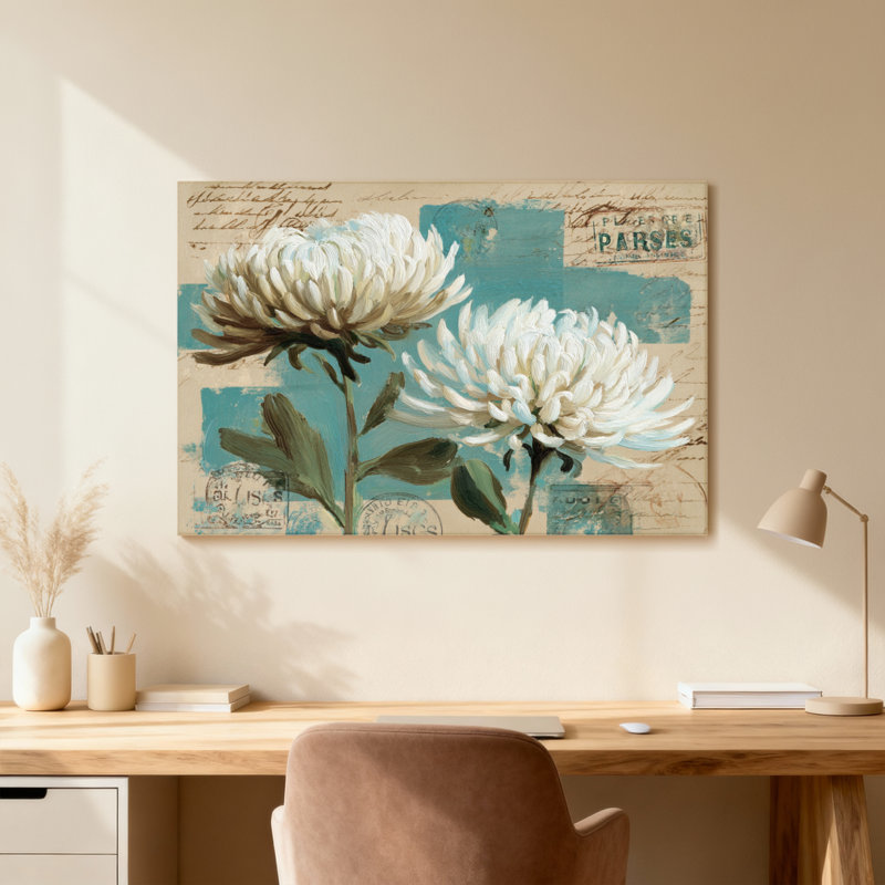 Plantes et fleurs de chrysanthèmes blancs sur fond rétro, Toile tendue, Ne s’applique pas, H 20 po x l 30 po