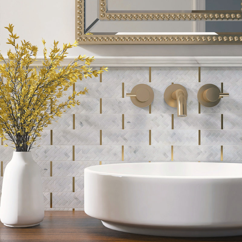 Natural 3" x 3" Natural Stone Brick Joint Mosaic Wall Tile, White/Gold