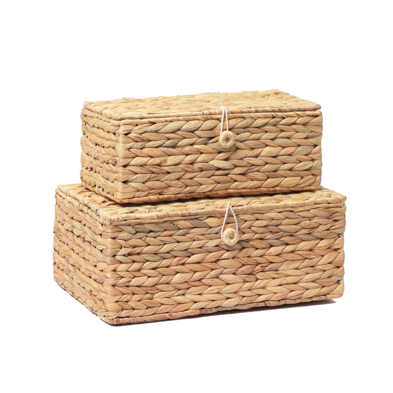 Set Of 2 Rectangular Wicker Storage Bins With Lid, Multipurpose Organizer Rattan Display Boxes For Shelf Organizer, Boho Wicker Box For Home Decoration