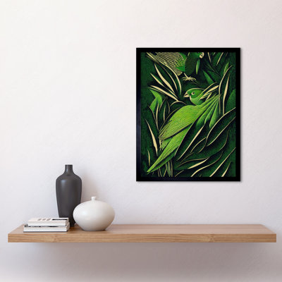 Green Retro Jungle Tropical Leaves Parrots - Single Picture Frame Print