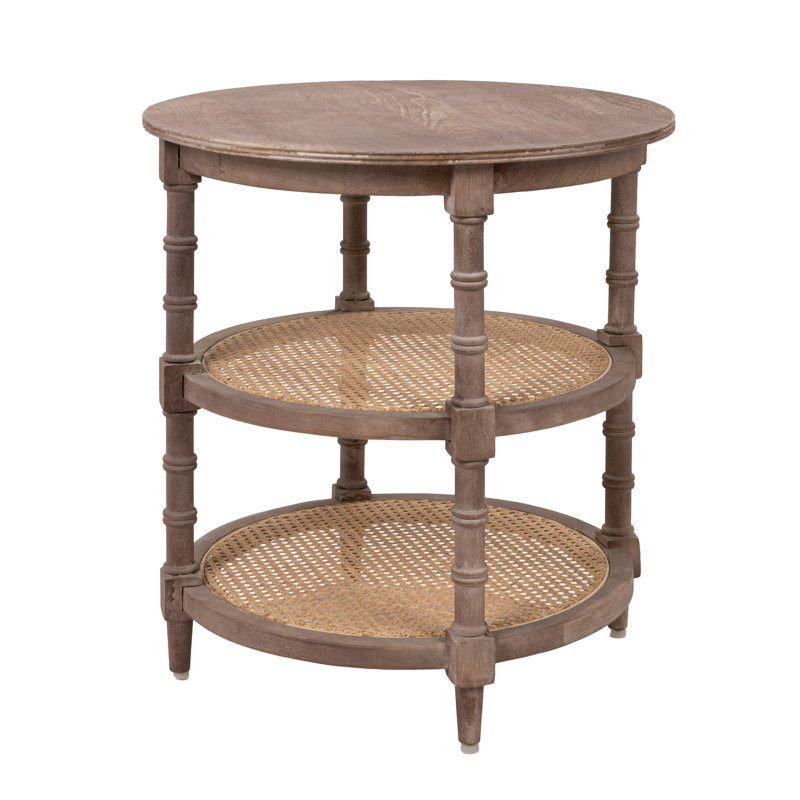 Table de bout ronde en bois de manguier et canne avec 2 tablettes, Naturel