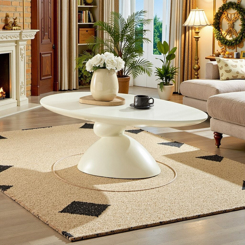 Table basse ovale en fibre de verre avec base sculptée et empilable, Blanc