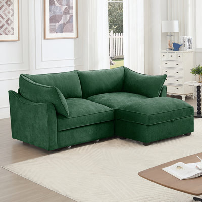 2 Seater Sofa with Footrest and Storage, Chenille Green, Movable Ottoman, Pull-Out Drawers for Modern Living