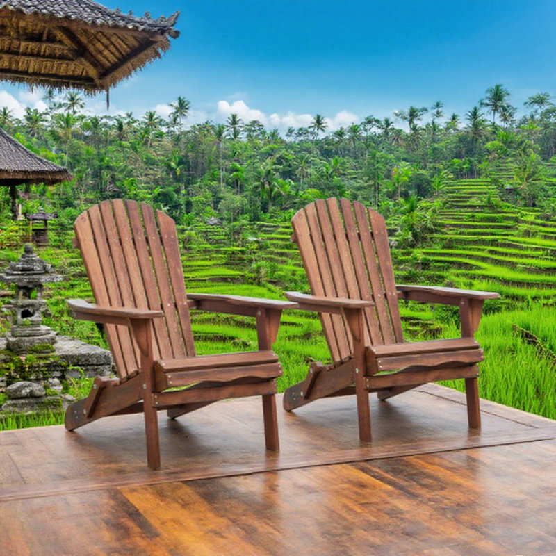 Set Of 2 Wooden Outdoor Folding Adirondack Chairs - Half Assembled For Garden, Lawn & More, Brown