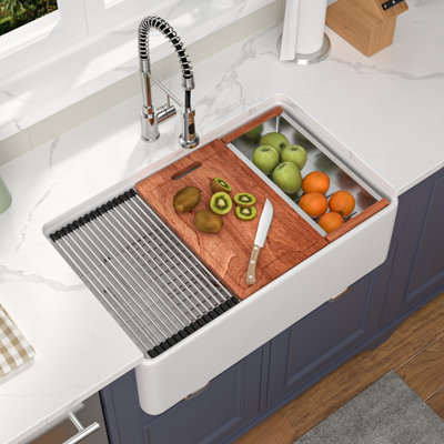 33" Lx20W"x10H" White Workstation Farmhouse Sink Single Bowl Ceramic Kitchen Sink with Accessories