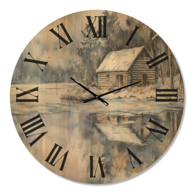 Large Landscape Rustic Wooden Wall Clock – Winter Cabin in the Woods