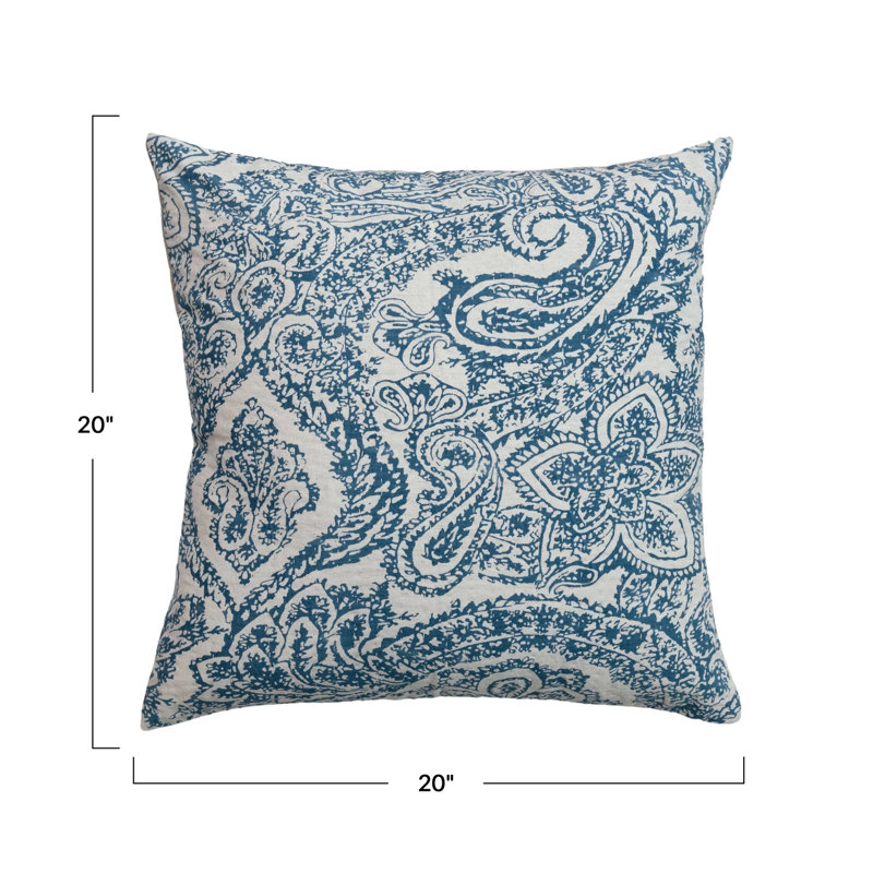 Blue Patterned Cotton and Linen Square Throw Pillow