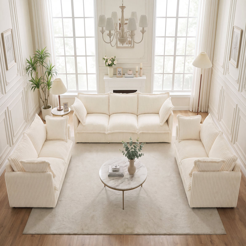 Ensemble de salon, ensemble de 3, canapé en velours côtelé, pour le salon, 3 Pcs: 2 Loveseats, Sofa, Cream Corduroy