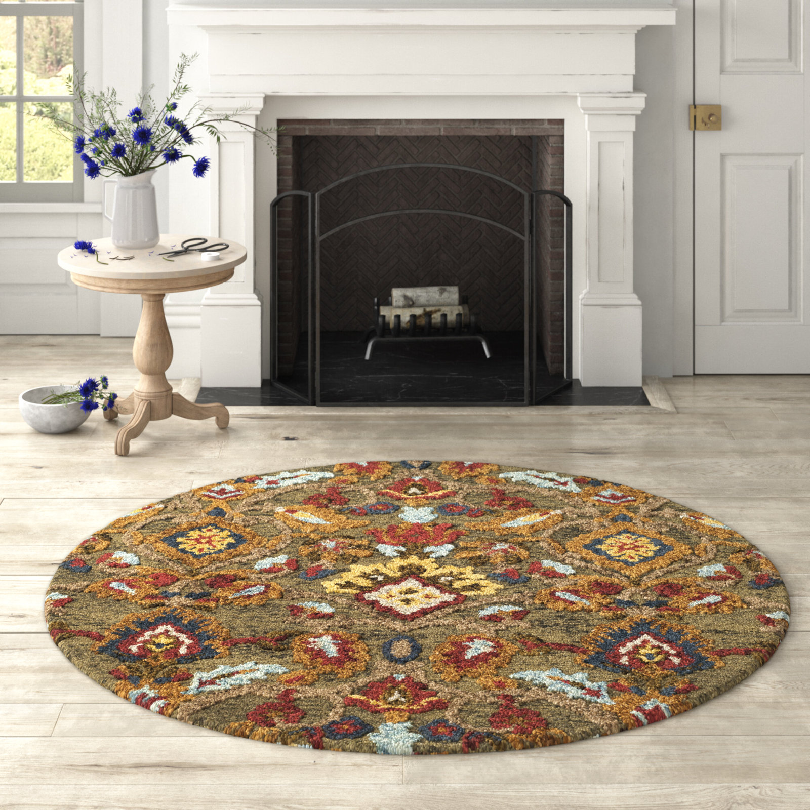 Tansy Handmade Wool Green / Multi Rug, Round 6'