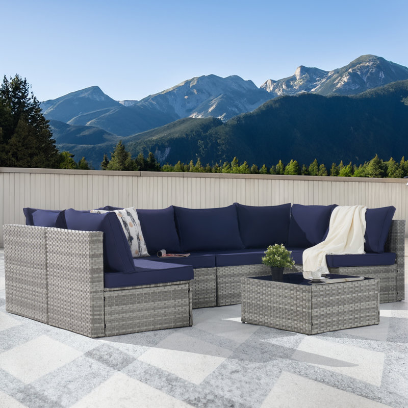 Wicker 6 - Person Patio Conversation Set with Cushions, Gray, Navy Blue