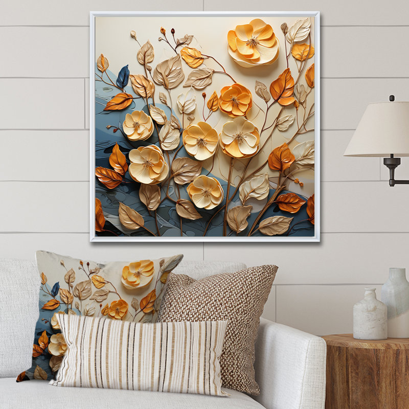 Feuilles d'or et d'orange dans la brise sur toile, Cadre flottant blanc, H 36 po x l 36 po x P 1,5 po