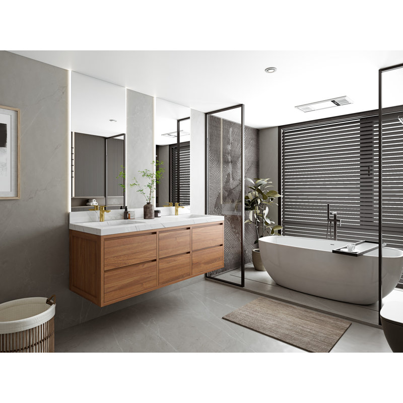 Madison 60'' Dark Natural Teak Double Wall-Mount Vanity with Carrara Marble Top