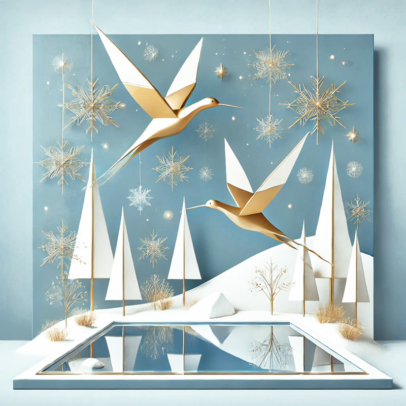 «Golden Birds in Winter Flight», art mural sur toile tendue, H 40 po x l 40 po x P 1,5 po