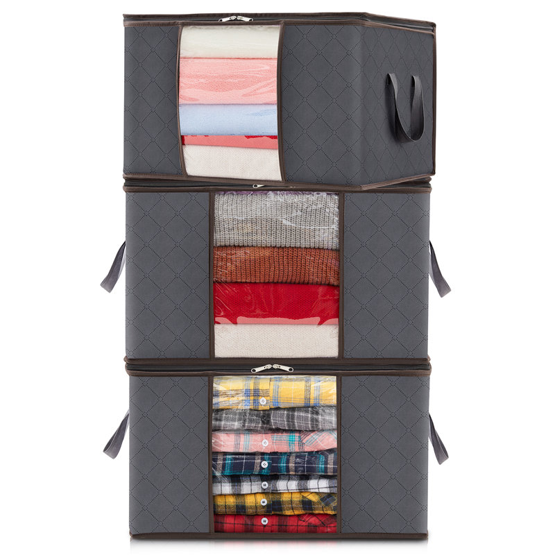 Ensemble de 3 sacs de rangement pour vêtements, bacs de rangement pour les vêtements, couvertures, édredons, rangement pour vêtements pliable avec poignée renforcée, fermeture à glissière robuste, organisateur de placard avec fenêtre transparente