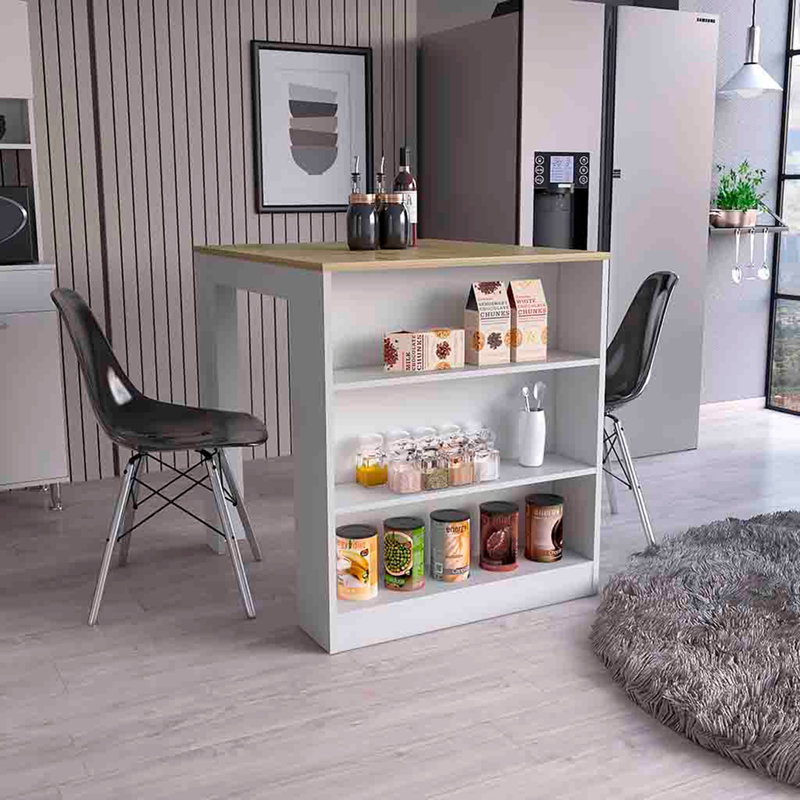 Table pour îlot de cuisine, deux pieds, trois tablettes latérales, blanc / pin