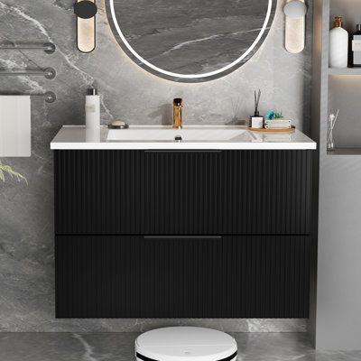36 Inch Black Wall Mounted Floating Bathroom Vanity Cabinet With Ceramic Sink And U Shaped Drawers, Multilayered Board For Long - Run Durability, Big Storage To Keep Stuff Neat, Smooth Simple