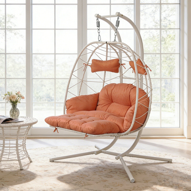 2 Person Hanging Egg Chair With Stand, Double Outdoor Wicker Swing Chair With Adjustable Footrest & Thickened Cushions For Patio Garden Balcony