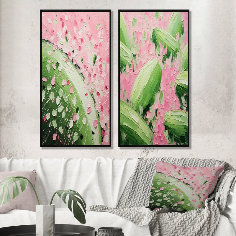 Ensemble de 2 reproductions d'art sur toile Melon Bounty IV - vert et rose, Cadre flottant noir, H 28 po x l 25 po