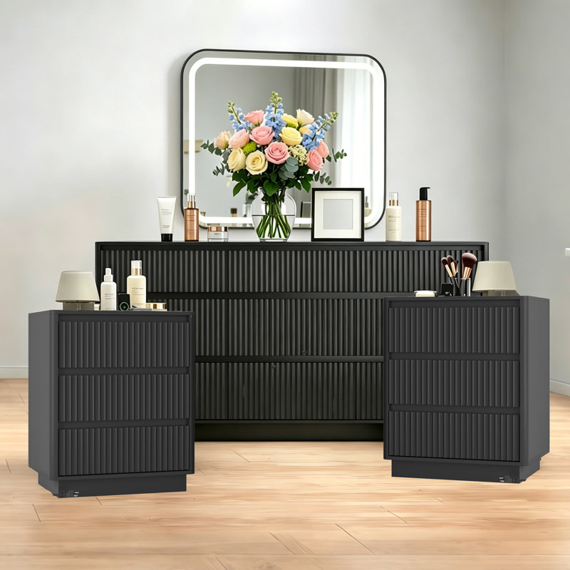 Ensemble de chambre à coucher 3 pièces, commode 9 tiroirs et 2 tables de chevet avec station de charge USB C rapide, Black