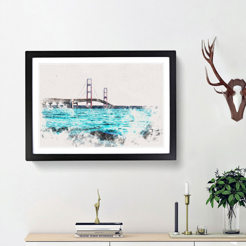 Mackinac Bridge in Michigan Watercolour - Picture Frame Graphic Art Print, 33cm H x 45cm W x 2cm D, Black Framed
