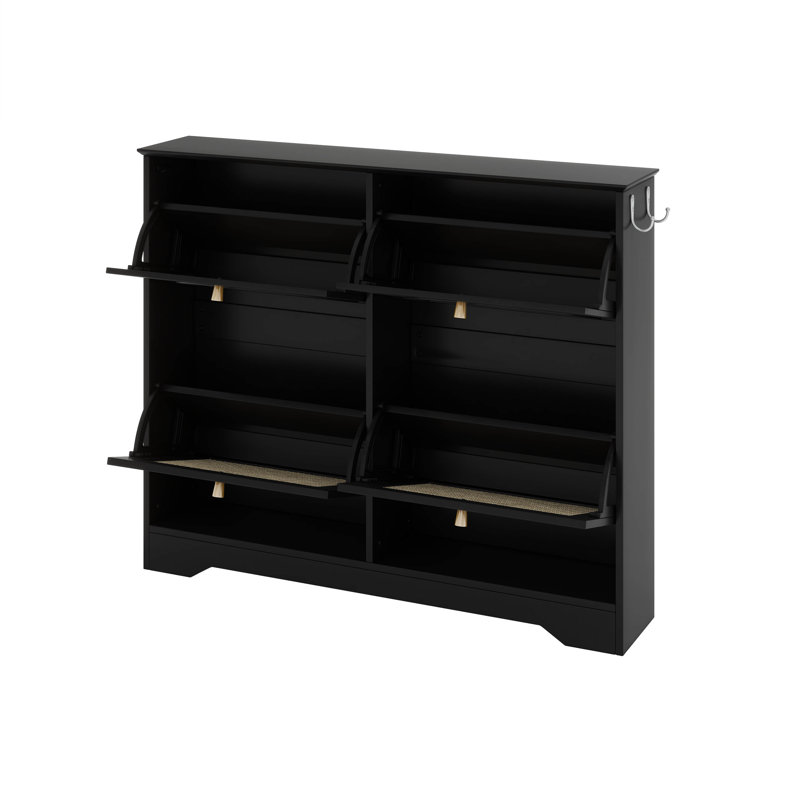 Armoire à chaussures étroite Mid-Century moderne avec 4 tiroirs rabattables et 4 portes en rotin, Noir