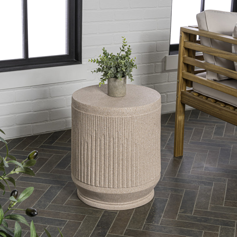 Kline 17.5" Modern Ribbed Pink Terrazzo UV-Resistant Resin Outdoor Accent Table, All-Weather Patio Drum Side Table & Garden Stool