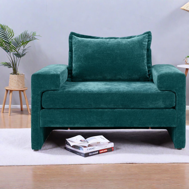 Chaise d'appoint spacieuse en chenille, revêtement vert, design moderne pour la maison et le bureau