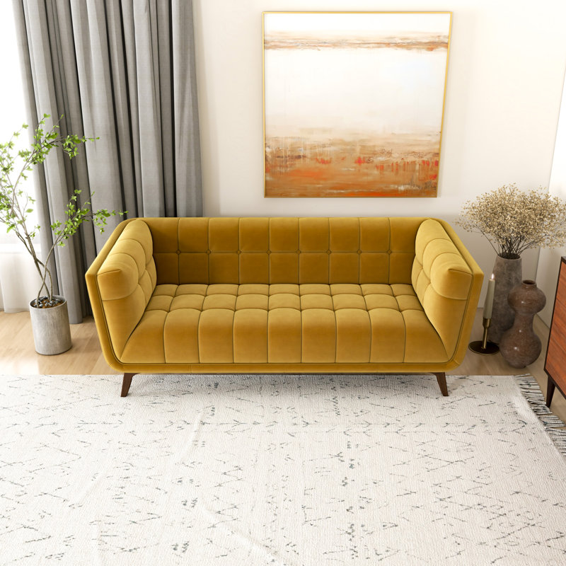 Ardrie Upholstered Sofa, Yellow Velvet, 30" H x 78" W x 35"D, 3