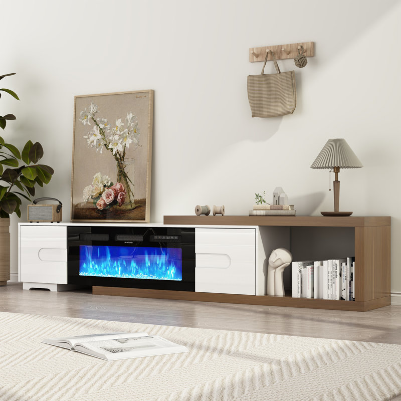 Meuble télé extensible de 80 à 110 pouces avec foyer de 36 pouces, centre de divertissement réversible en bois moderne avec 2 tiroirs pour téléviseur jusqu'à 120 pouces pour salon, chambre à coucher