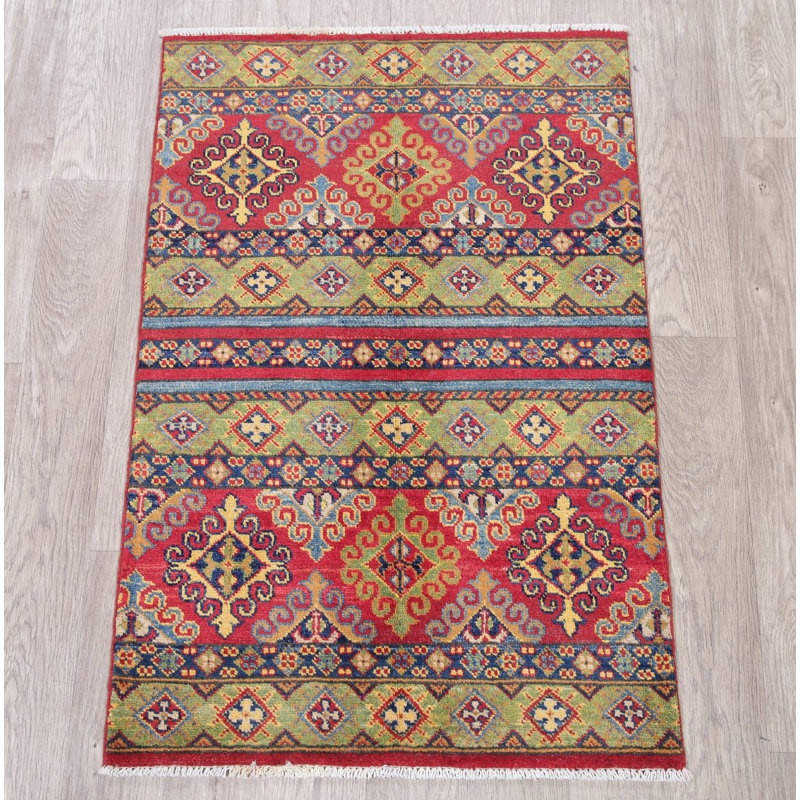 Tapis vert en laine noué à la main de conception unique 2 pi 8 po x 4 pi 1 po Nirvaan