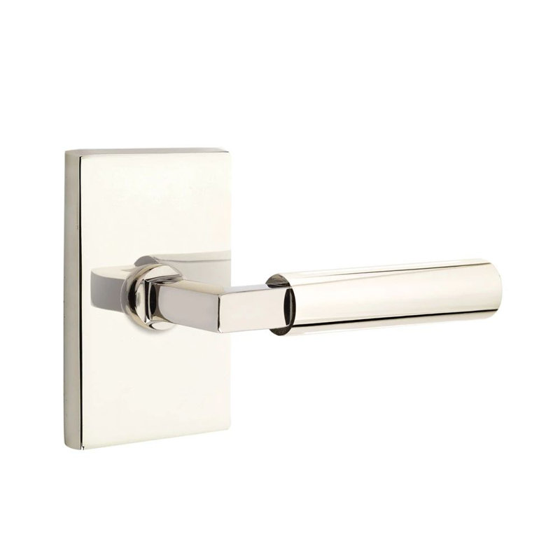 Mortaise intérieure Emtek Select Passage avec rosette rectangulaire moderne et L-Sq. Tige, levier lisse, Gauche, Nickel poli