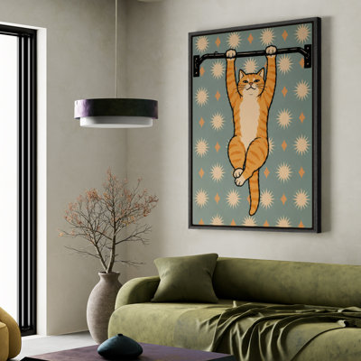 Art mural encadré sur toile - Chat orange amusant suspendu à un bar avec motif d'étoiles rétro - 16 po x 24 po, 24 po x 36 po