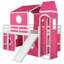 Lit mezzanine double rose avec tour et glissade - éléments uniques, construction, circulation d'air sous la glissade, structure de pin en tente fermée, semi-rangement en dessous