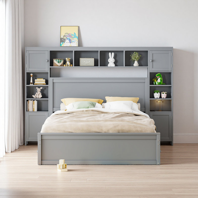 Grand lit en bois avec armoire, tablette et prises tout-en-un, Gris