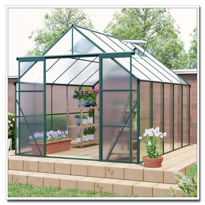 Serre en polycarbonate à double porte de 8 x 10 pi avec serre surélevée et ancrage en aluminium robuste pour cour extérieure en toute saison, vert