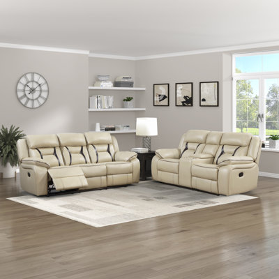 Selinger Modern Breathable Faux Leather 2-Piece Living Room Set with Contrast Piping, Tab Pull Recline & Pocket Coils